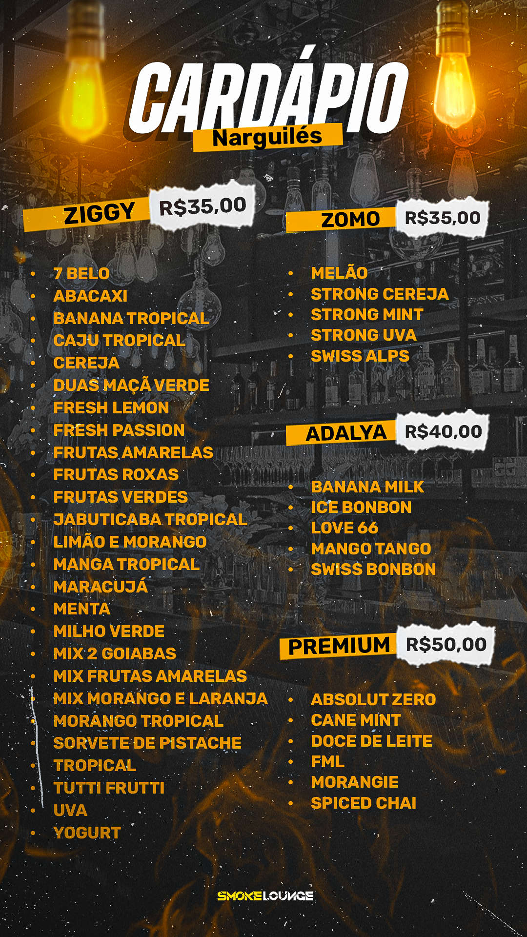 Cardápio de Narguilés Smoke Lounge